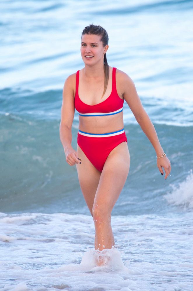 Eugenie Bouchard in Red Bikini on the beach in Miami