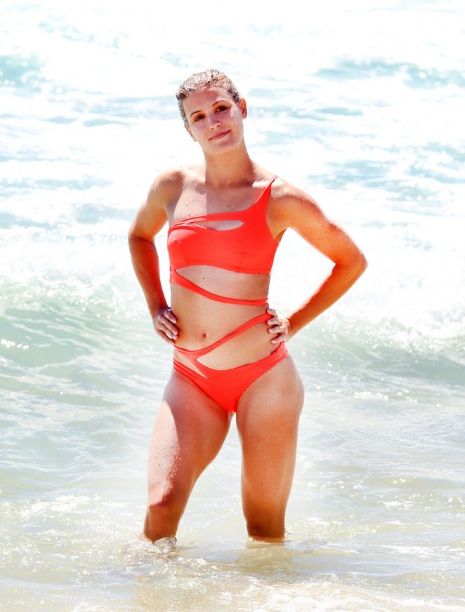 Eugenie Bouchard in Red Swimsuit at the beach in Perth