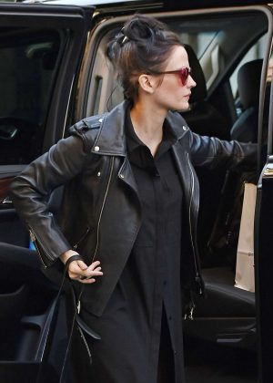 Eva Green in a motorcycle leather jacket in New York