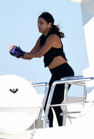 Eva Longoria - Jumping workout on a trampoline on a yacht in Miami