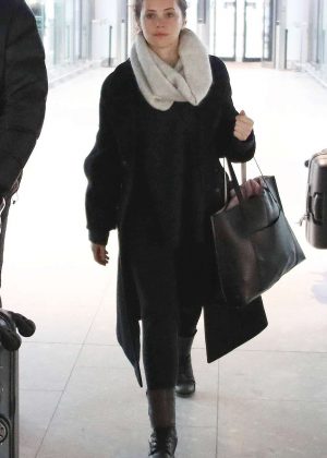 Felicity Jones arriving at Heathrow airport in London