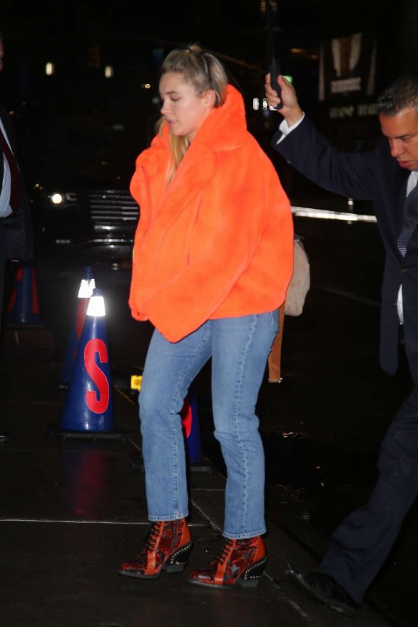 Florence Pugh in Fur Orange Coat - Out in New York City