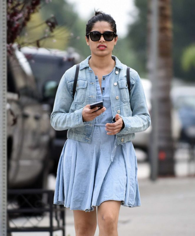 Freida Pinto in a blue mini dress in Los Angeles