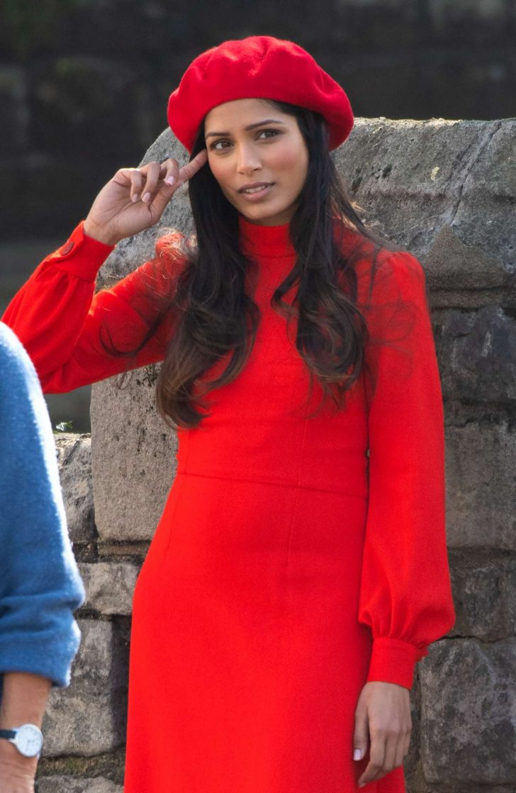Freida Pinto in Red - On a film shoot in Primrose Hill