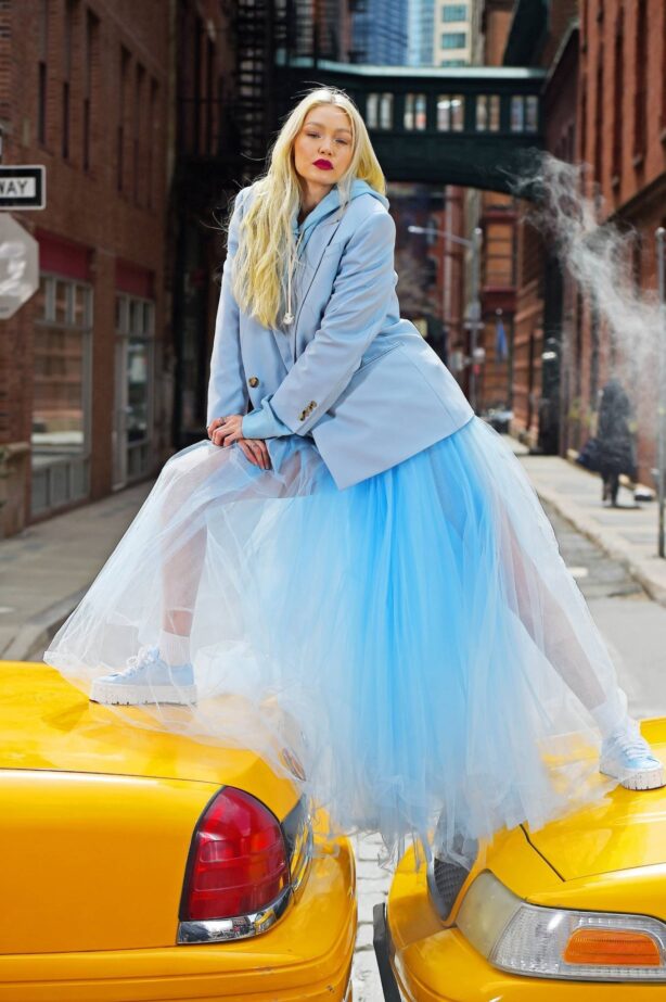 Gigi Hadid - In a baby blue gown on a photoshoot in New York