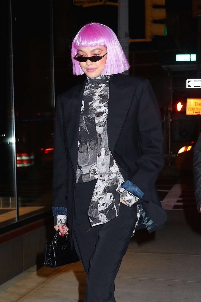 Gigi Hadid in a colorful wig as she arrives home in NYC
