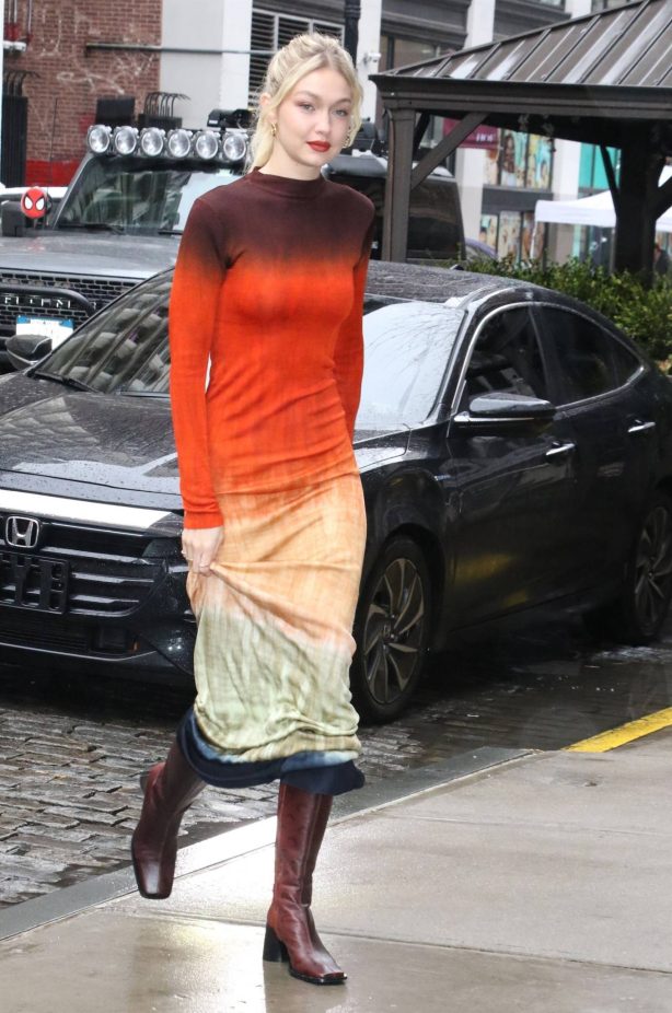 Gigi Hadid - In a rainbow-colored dress in New York