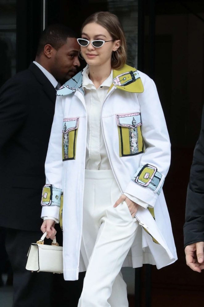 Gigi Hadid in a white and yellow outfit in NYC