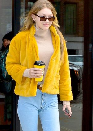 Gigi Hadid in a Yellow Fluffy Coat - Leaving her apartment in NYC