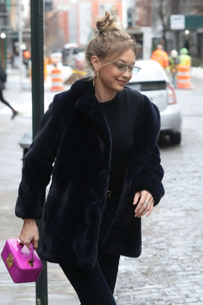 Gigi Hadid in Black Fur Coat out in NYC