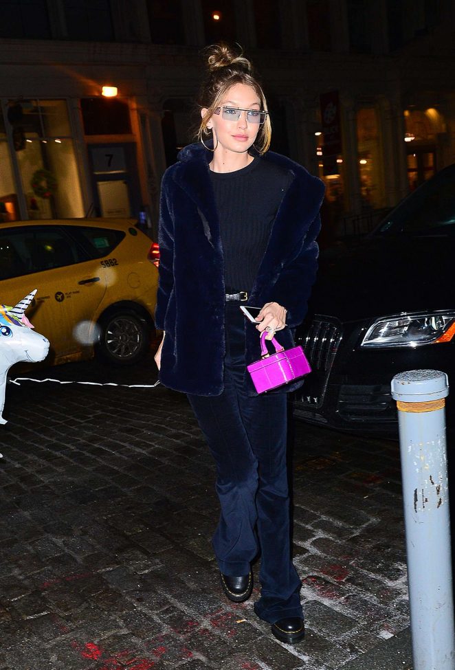 Gigi Hadid in blue fur coat in NYC