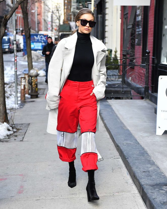 Gigi Hadid in eye-catching pair of red pants in NYC