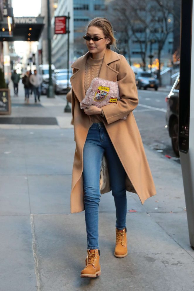 Gigi Hadid in Jeans and Long Coat out in NYC