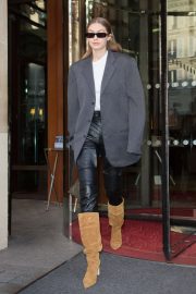 Gigi Hadid in Leather Pants - Leaving the Royal Monceau hotel in Paris