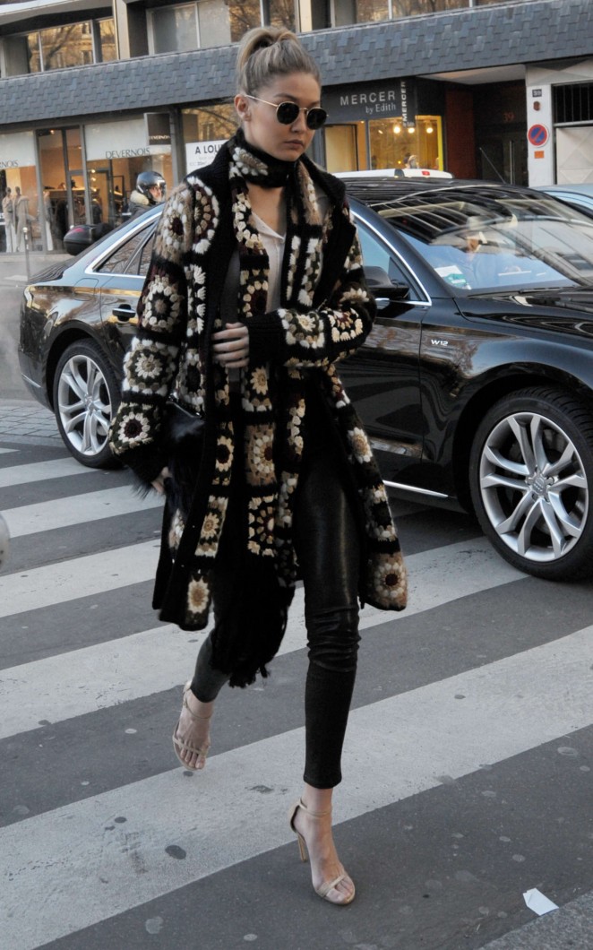 Gigi Hadid in Leather Shopping in Paris