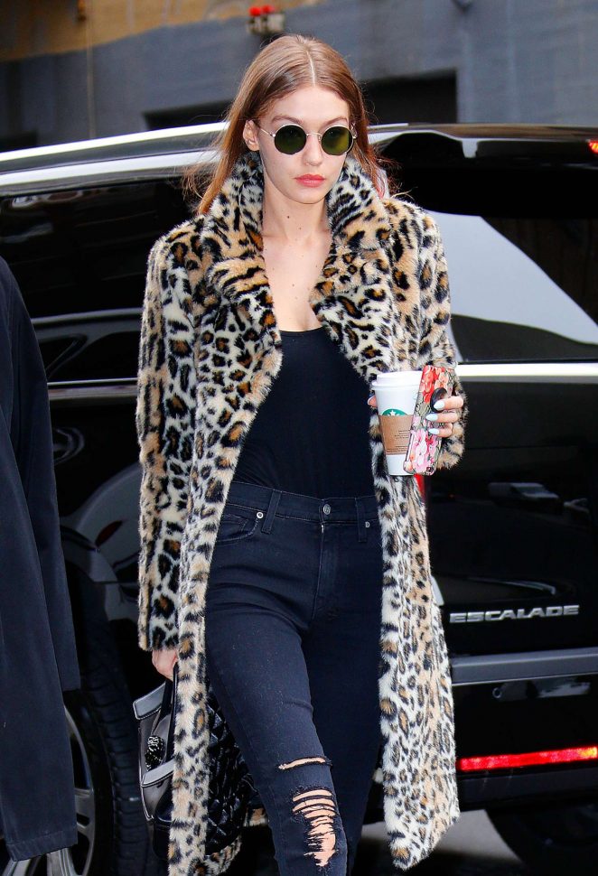 Gigi Hadid in Leopard Print Coat out in New York