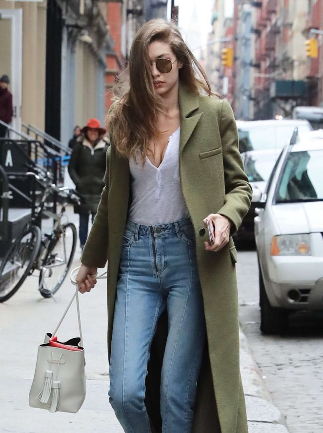 Gigi Hadid in Long Green Coat Out in NY