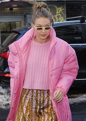 Gigi Hadid in Pink Jacket out for lunch in NYC