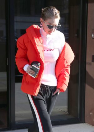 Gigi Hadid in Red Jacket out in NYC