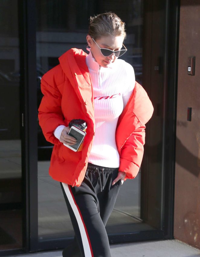 Gigi Hadid in Red Jacket out in NYC