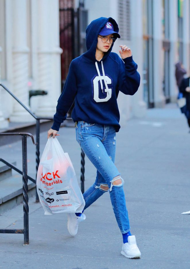 Gigi Hadid in Ripped Jeans out in Lower Manhattan in New York