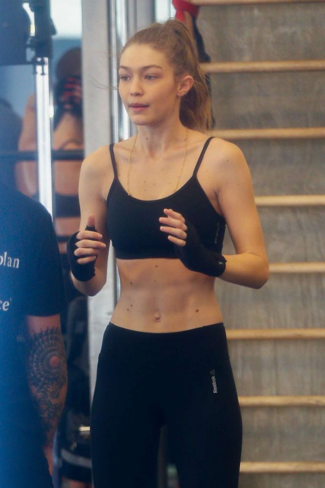 Gigi Hadid in Tights and Sports Bra at Gotham Gym in New York