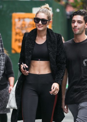 Gigi Hadid in Tights and Sports Bra Out in New York