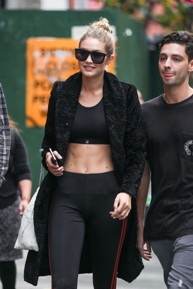Gigi Hadid in Tights and Sports Bra Out in New York