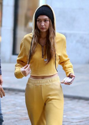 Gigi Hadid in Yellow Tracksuit - Out in NYC