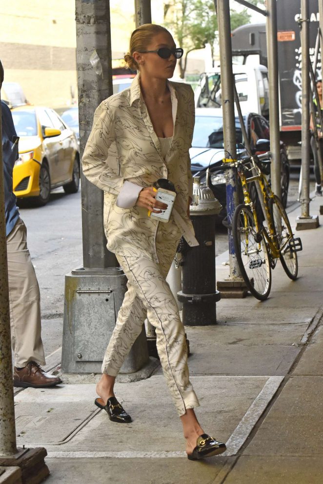 Gigi Hadid Wears Gucci slippers in New York City