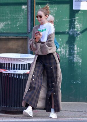 Gigi Hadid wears plaid pants in New York City
