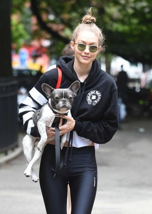 Gigi Hadid with her dog in Tompkins Square Park in NY