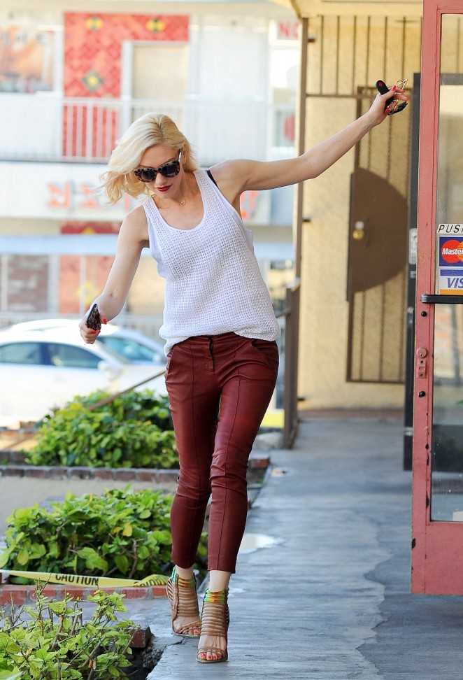 Gwen Stefani in Red Leather Pants out in LA