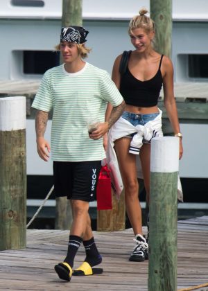 Hailey Baldwin and Justin Bieber on a boat as they enjoy their engagement trip in Bahamas