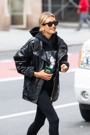 Hailey Baldwin in Leather - Arriving at an office building in Manhattan