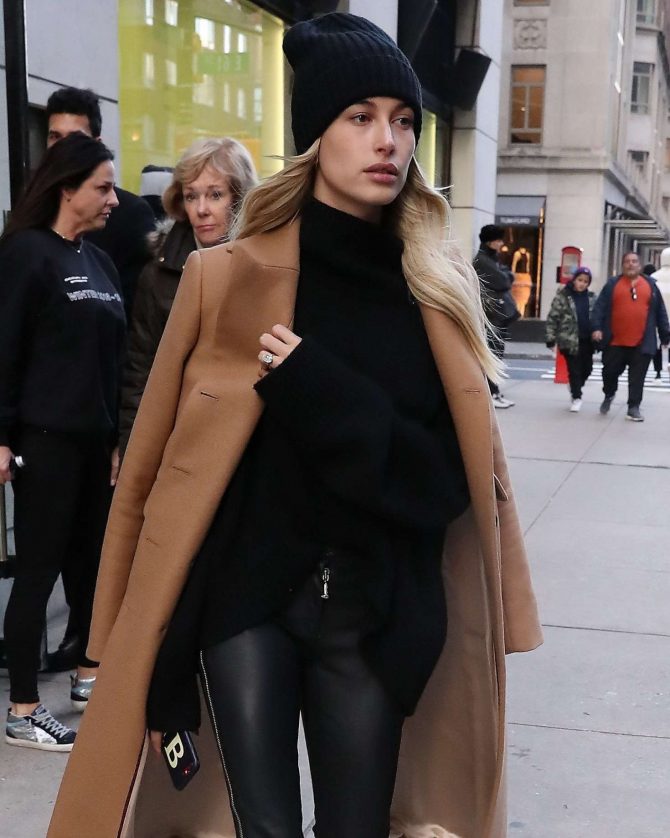 Hailey Baldwin in Leather Pants and Coat - Out in New York City