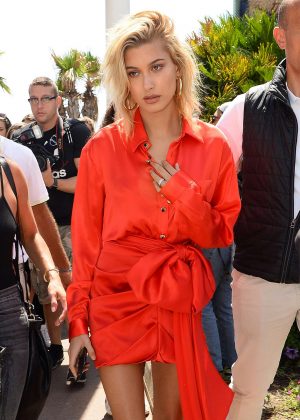 Hailey Baldwin in Red at the Martinez Hotel in Cannes
