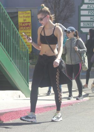 Hailey Baldwin in Tights and Sports Bra - Hits the gym in West Hollywood