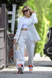 Hailey Baldwin in White Suit with her stylist in West Hollywood