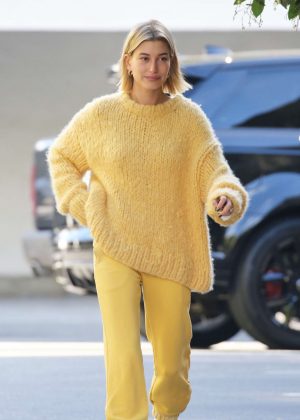 Hailey Baldwin in Yellow Outfit - Out in Beverly Hills
