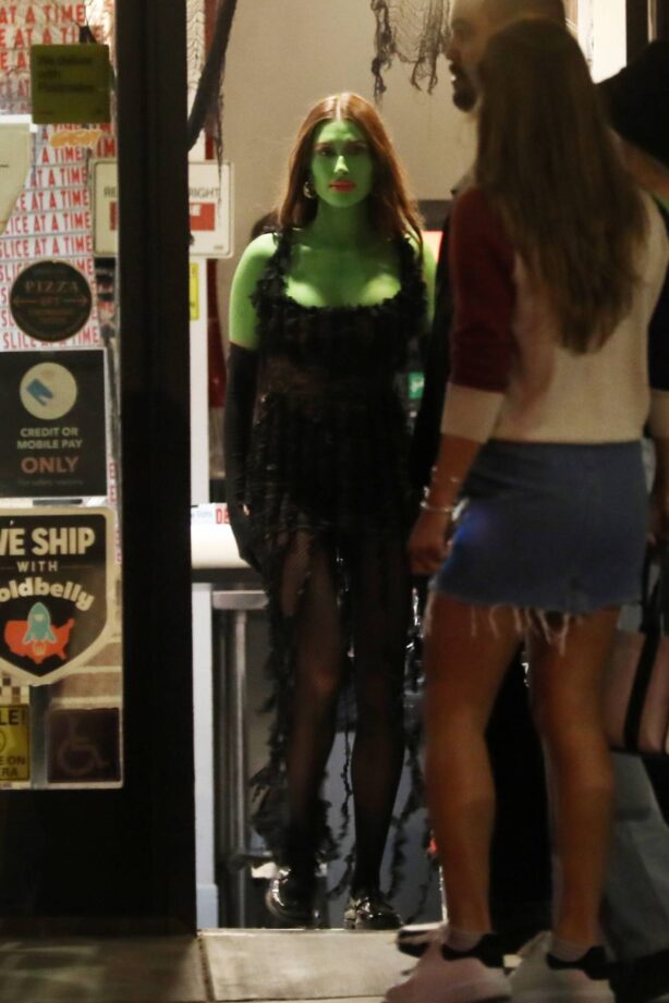 Hailey Bieber - Dresses up as She-Hulk while leaving Prince Street Pizza restaurant