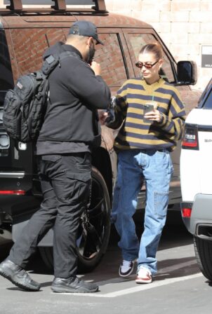 Hailey Bieber - Gets dressed up in striped top for errands in Los Angeles