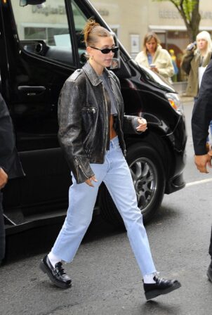 Hailey Bieber - In a vintage leather jacket arriving at the Carlyle Hotel in New York