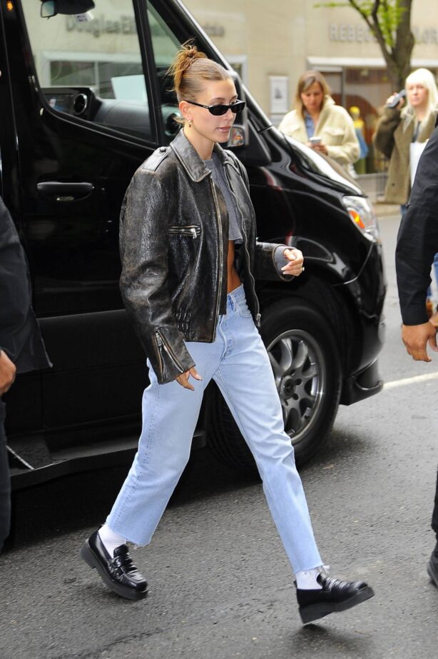Hailey Bieber - In a vintage leather jacket arriving at the Carlyle Hotel in New York