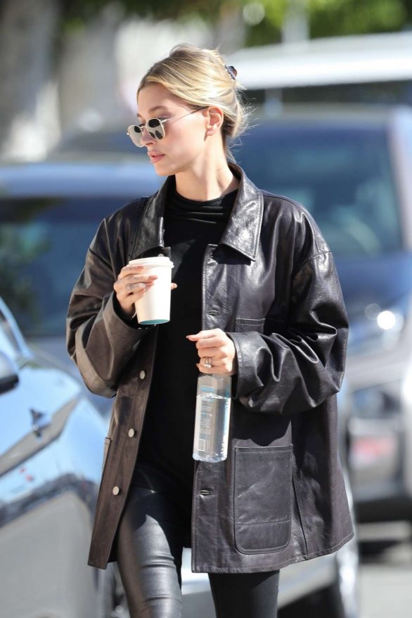 Hailey Bieber in all black ahead of a lunch meeting in Los Angeles