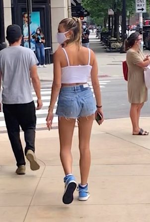Hailey Bieber - In denim shorts visiting Aritzia in Downtown Chicago