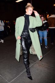 Hailey Bieber - In leather pants arrives at Saturday Night Live