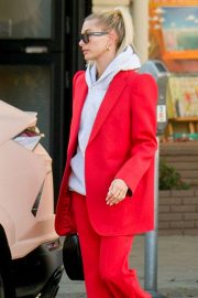 Hailey Bieber in Red Suit - Out in Beverly Hills