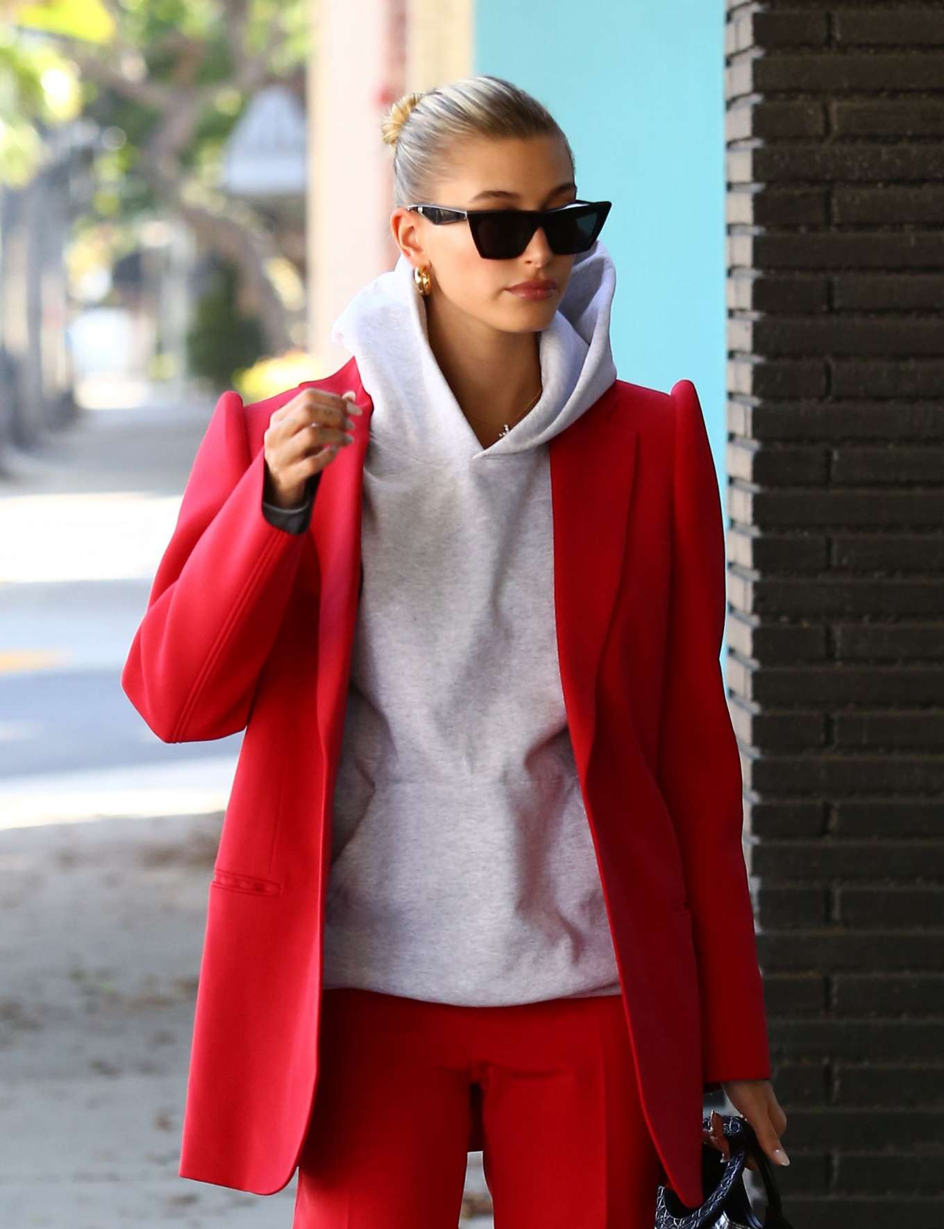Hailey Bieber in Red Suit - Out in Beverly Hills-11 | GotCeleb