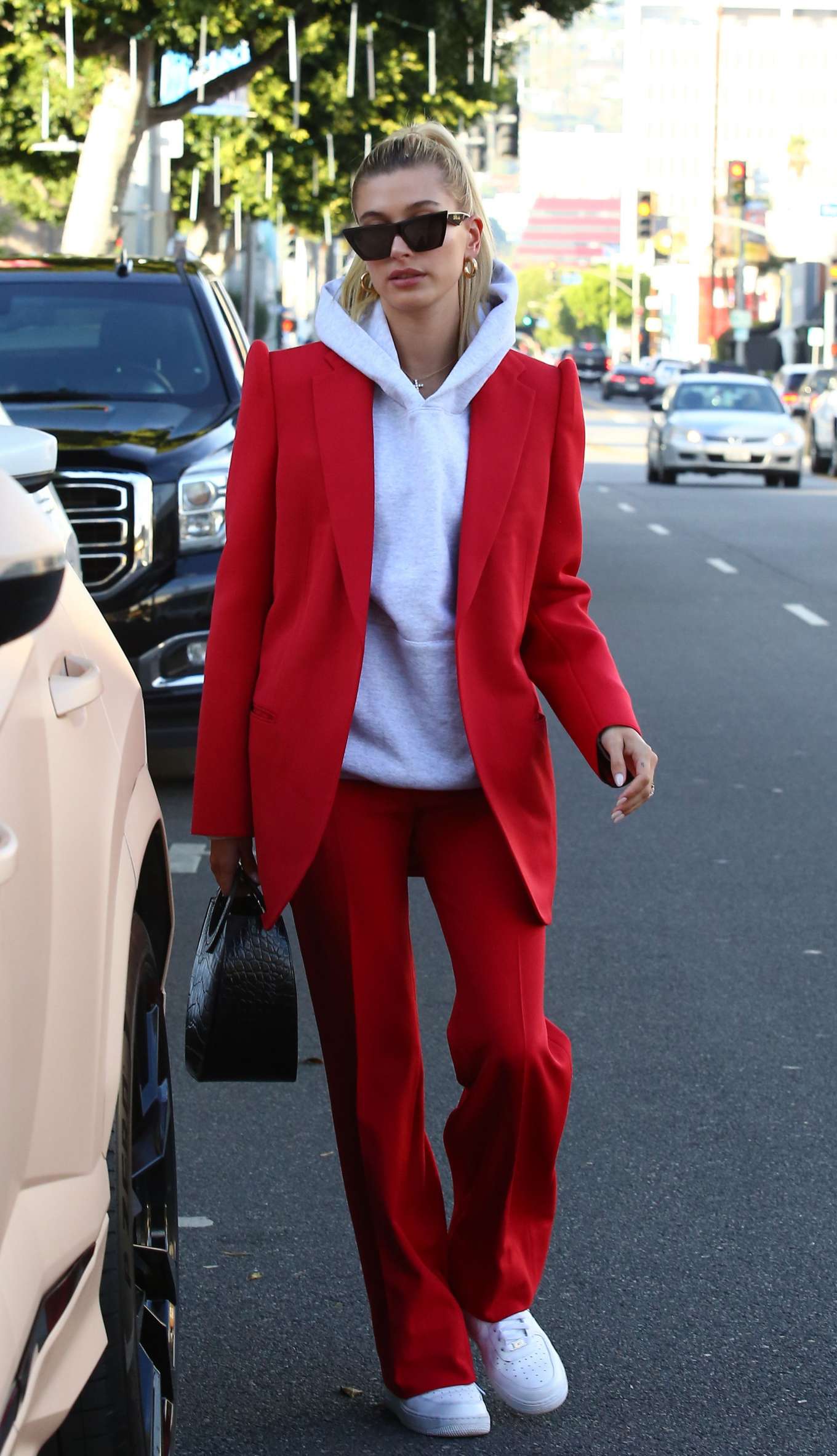 Hailey Bieber in Red Suit - Out in Beverly Hills-25 | GotCeleb